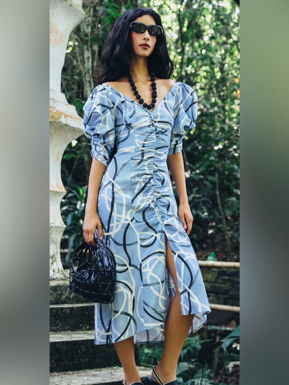 cult gaia Light Blue Abstract Ruched Midi Dress - Resort 2022 Collection